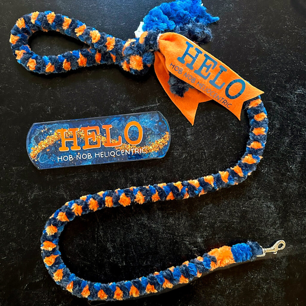 Clip Leash in 2x Navy minky, Royal Blue minky, Orange minky with brass hardware. Customized with Blue Metal vinyl