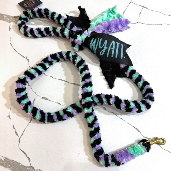 Clip Leash in 2x Black minky, Lavender minky, Mint minky with brass hardware. Customized with Light Blue Glitter vinyl