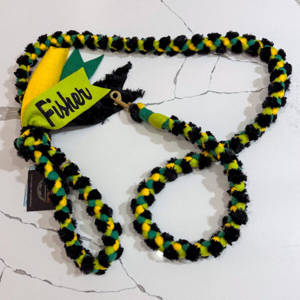 Clip Leash in Black minky, Yellow fleece, Emerald fleece, Lime fleece with brass hardware. Customized with Black Glitter vinyl